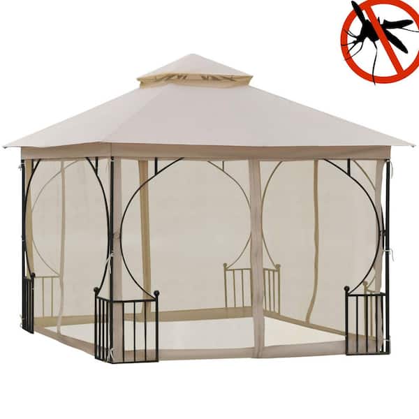 ToolCat 10 ft. x 10 ft. Patio Gazebo, Double Roof Outdoor Gazebo Canopy Shelter with Netting, Steel Corner Frame, Beige