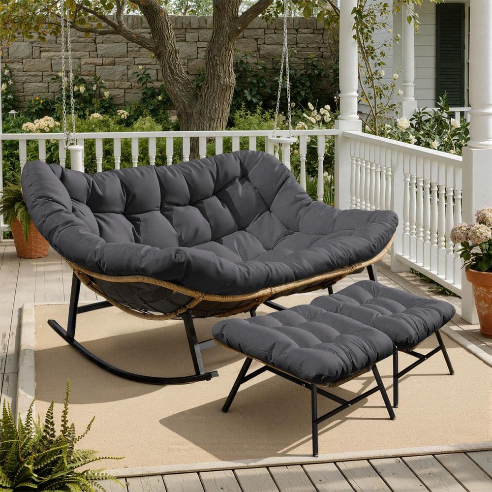 Oversized PE Wicker Outdoor Rocking Chair Double Egg Chair Rocker Papasan Chair Loveseat with Gray Cushion and Ottoman price history on PriceWatchPro