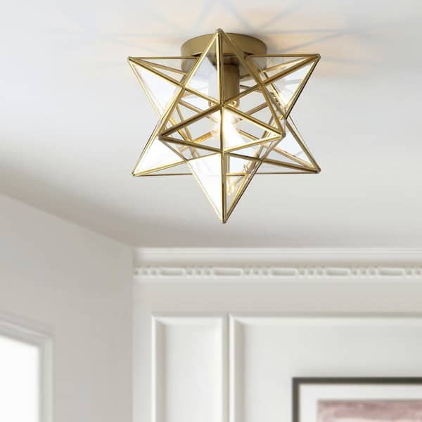 Jonathan Y Stella 12 In Gold Moravian Star Flush Mount Light With Clear Glass Shade Jyl9035b - Ceiling Mount Star Light Fixture
