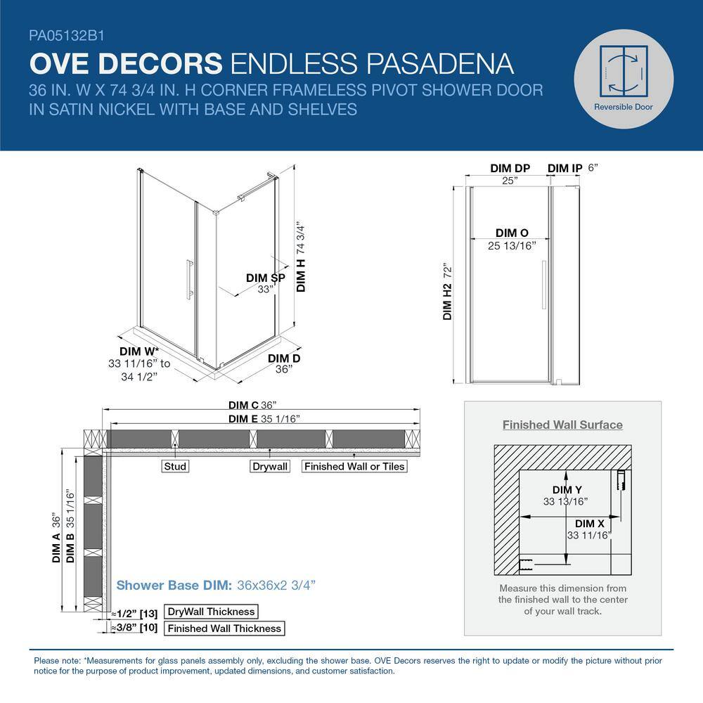 Pasadena 36'' Satin Nickel Frameless Corner Shower Kit with Shelves