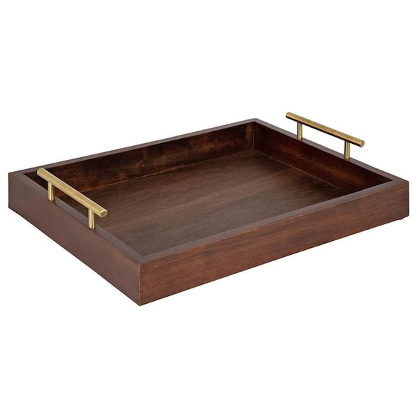 Afoxsos Lipton Decorative Wooden Tray with Metal Gold Handles 16.5 in. x 12.25 in. (Dark Walnut Brown and Gold)