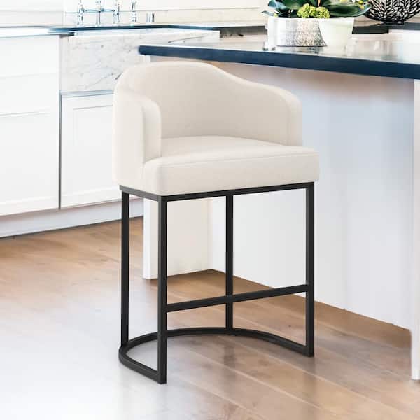 LUE BONA Crystal 26in.Beige Linen Fabric Upholstered Counter Stool Curved Back Kitchen Island Bar Stool with Metal Frame