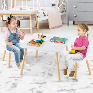 3-Piece Wooden Top White Kids Table and Chairs Set Children Furniture Set w/Solid Wood Legs
