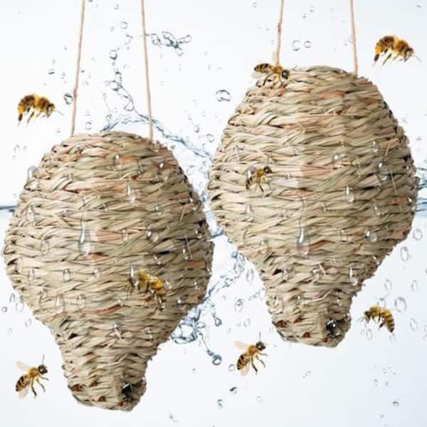 Outdoor Wasp Nest Decoy Trap with Realistic Reed Waterproof Sunproof Easy Hanging for Garden Patio Porch 2-Pack