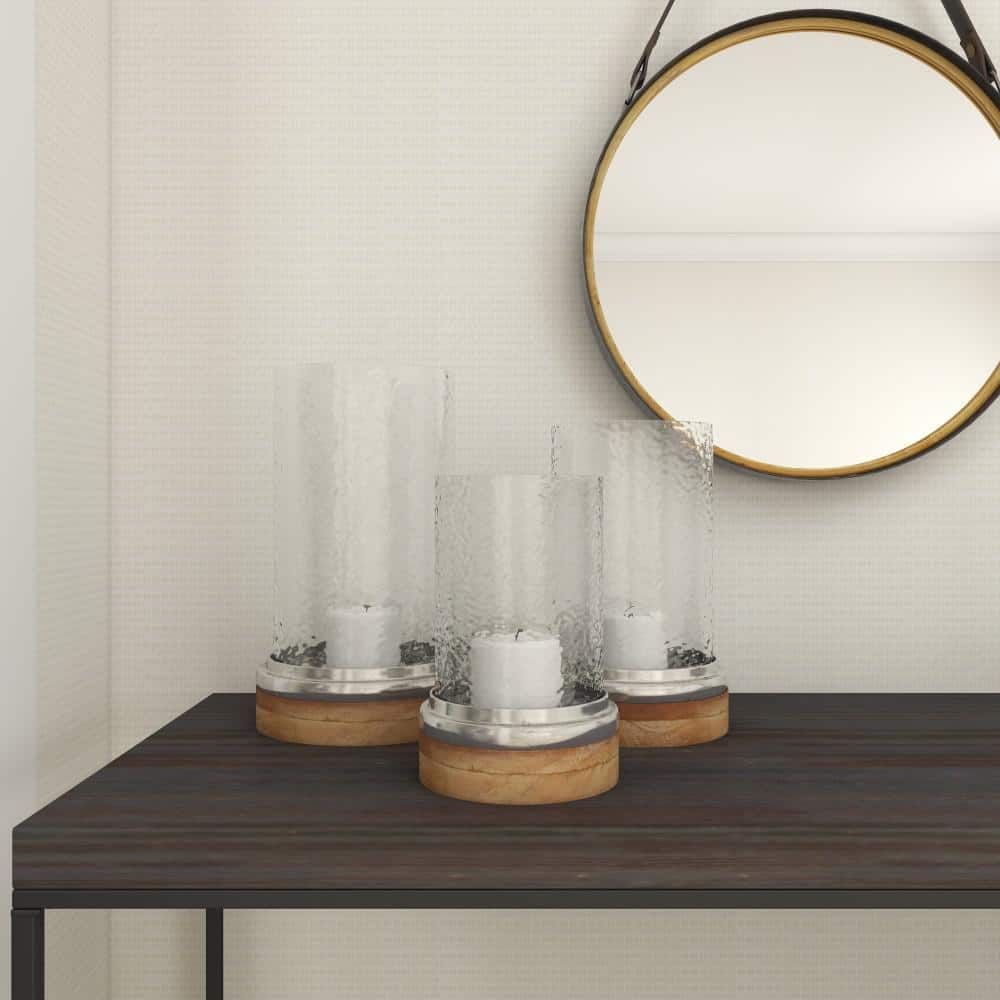 Elegant Traditional Wood & Glass Hurricane Candle Lantern Trio