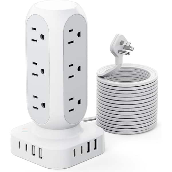 12-Outlet Power Strip Surge Protector Tower in White with 8 USB Ports (4 A and 4 C) & 10 ft. Flat Plug Outlet Extender