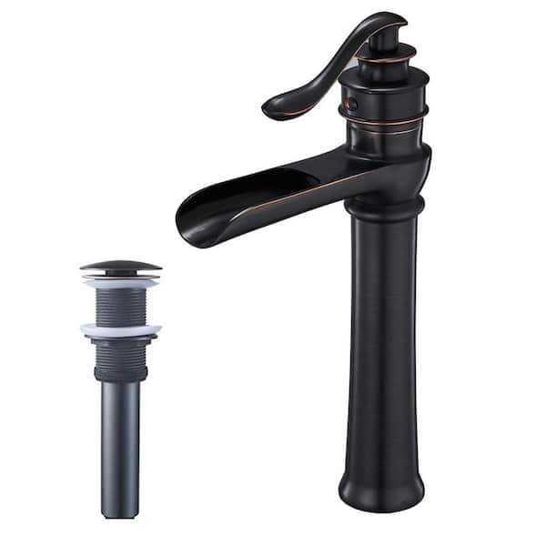 FORCLOVER Single Hole Single Handle Waterfall Bathroom Vessel Sink Faucet with Pop-up Drain Assembly in Oil Rubbed Bronze