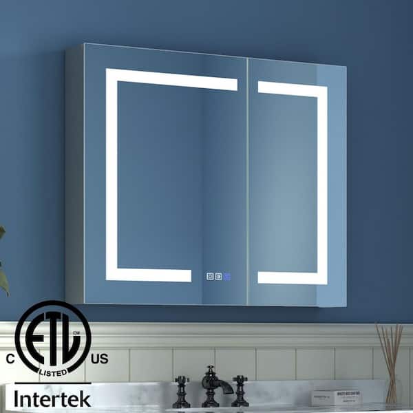 ExBrite 30 in. W x 26 in. H Medium Rectangular Silver Aluminum Recessed/Surface Mount Medicine Cabinet with Mirror and LED
