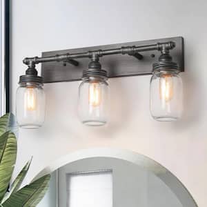 Laurel 24.4 in. 3-Light Black Bath Vanity Light Brushed Weathered Iron Graphite Wall Sconce with Mason Glass Jar Shades