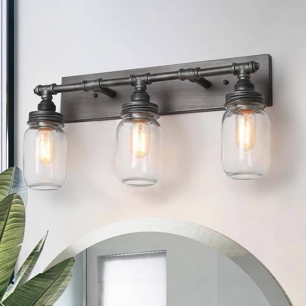 LNC Laurel 24.4 in. 3-Light Black Bath Vanity Light Brushed Weathered Iron Graphite Wall Sconce with Mason Glass Jar Shades