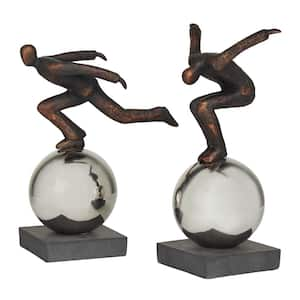 Bronze Polystone People Sculpture with Silver Ball Stands (Set of 2)