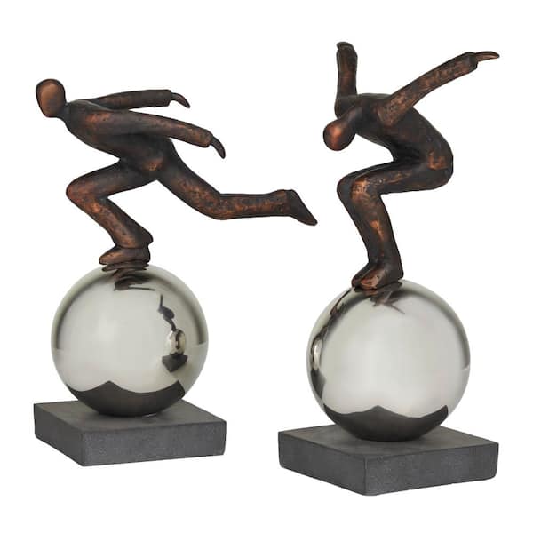 Litton Lane Bronze Polystone People Sculpture with Silver Ball Stands (Set of 2)