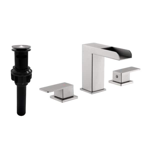 Miscool Ana 8 in. Widespread Double Handle Bathroom Faucet with Drain Kit Included in Brush Nickel