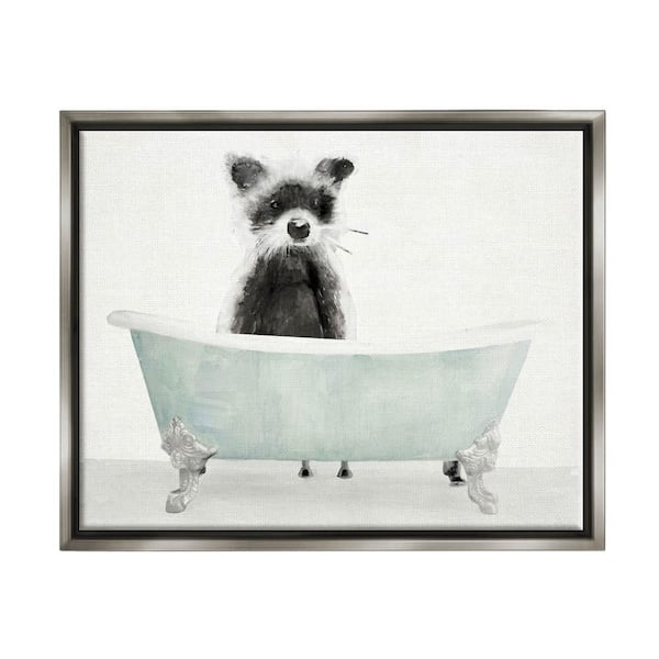 The Stupell Home Decor Collection Raccoon Funny Animal Bathroom Drawing by Stellar Design Studio Floater Frame Animal Wall Art Print 31 in. x 25 in.