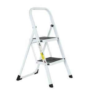 2-Step White Iron Ladder Foldable Non-slip Outdoor Ladder Loading 330 lbs. for Home, Kitchen, Office