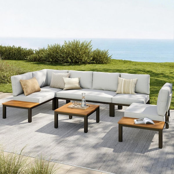 PHI VILLA 6 -Seat 6-Piece Metal Outdoor Patio Conversation Sectional -Seating Set with Light Gray Cushions and Coffee Table