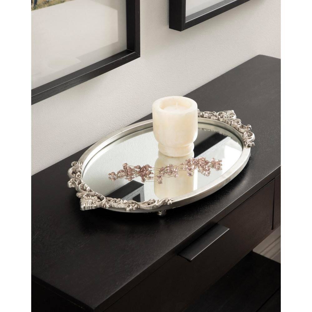 Antique Silver Oval Mirrored Decorative Tray with Ornate Detailing