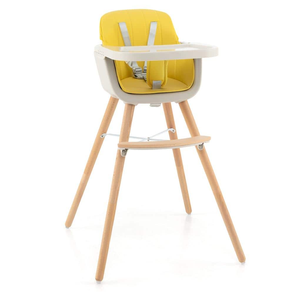 3 in 1 Convertible Wooden Baby High Chair Beech Wood A Frame X Steel 5 Point Harness Detachable Tray PU Cushion