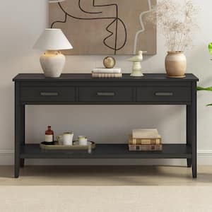 59.1 in. Black Rectangle Wood Console Table with 3 Drawers and Bottom Shelf