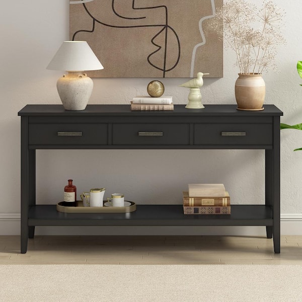 Harper & Bright Designs 59.1 in. Black Rectangle Wood Console Table with 3 Drawers and Bottom Shelf