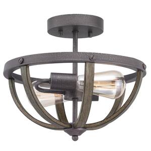 Keowee 13 in. 2-Light Artisan Iron Semi-Flush Mount with Distressed Elm Wood Accents