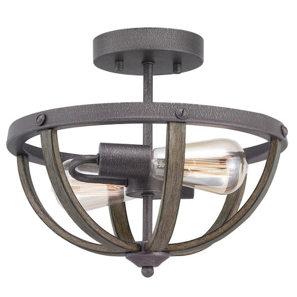 Progress Lighting Keowee 13 in. 2-Light Artisan Iron Semi-Flush Mount with Distressed Elm Wood Accents