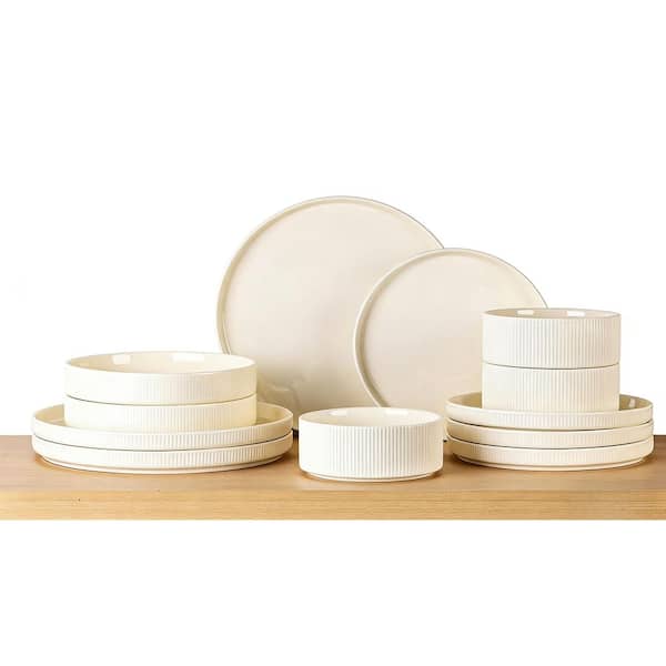 12-Piece Beige Modern Ceramic Kitchen Dinnerware Sets with Plates and Bowls (Service for 4)