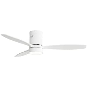 52 in. Indoor/Outdoor Wood White Flush Mount Ceiling Fan with Light and 6 Speed Remote Control