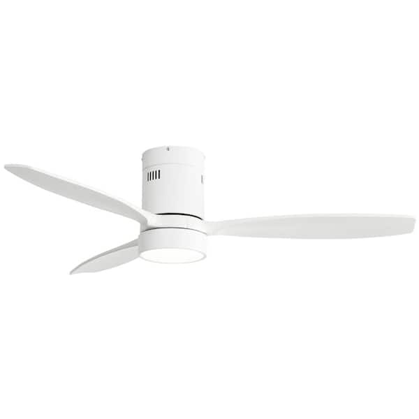 Sofucor 52 in.Indoor/Outdoor Wood White Flush Mount Ceiling Fan with Light and Remote Control