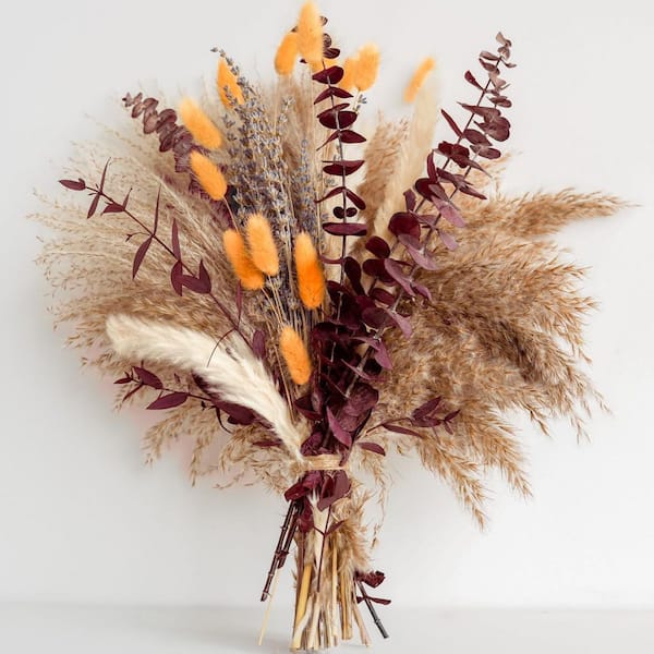 17 in. Red Pampas Grass Bouquet Indoor Artificial Lavender and Eucalyptus Dried Flower
