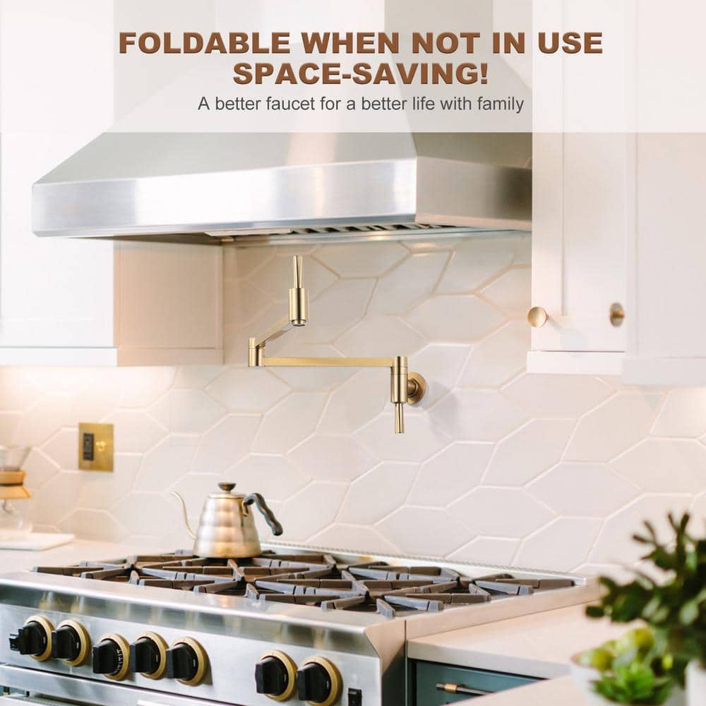 Brushed Gold Wall Mount Pot Filler with Double Joint Swing Arm
