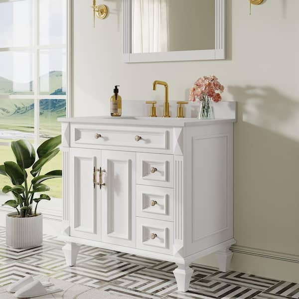 36 in.W x 22 in.D x 35 in.H Solid Wood Bath Vanity in White with Carrara White Quartz Top,Single Sink,Soft-Close Drawers