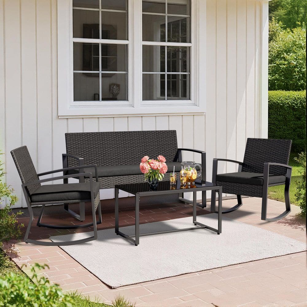 Patio Basics Black 4-Piece Wicker Outdoor Loveseat Set with CushionGuard Cushions & Tempered Glass Coffee Table price history on PriceWatchPro