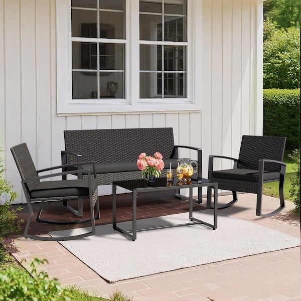 Patio Basics Black 4-Piece Wicker Outdoor Loveseat Set with CushionGuard Cushions & Tempered Glass Coffee Table
