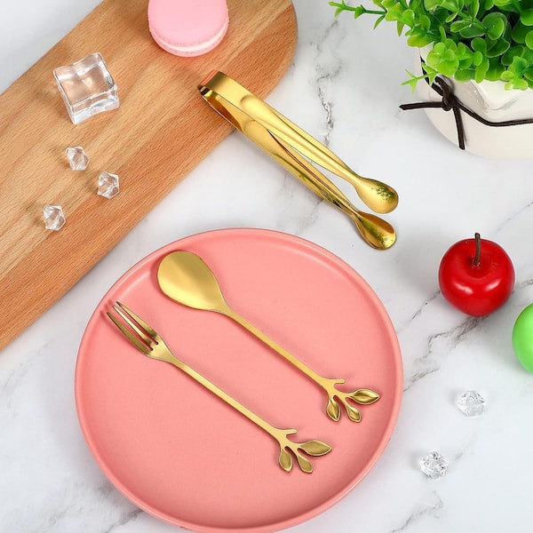 Gold Stainless Steel Leaf Dessert Spoons Metal Dinner Forks Mini Serving Tongs Set for Tea Coffee Appetizer