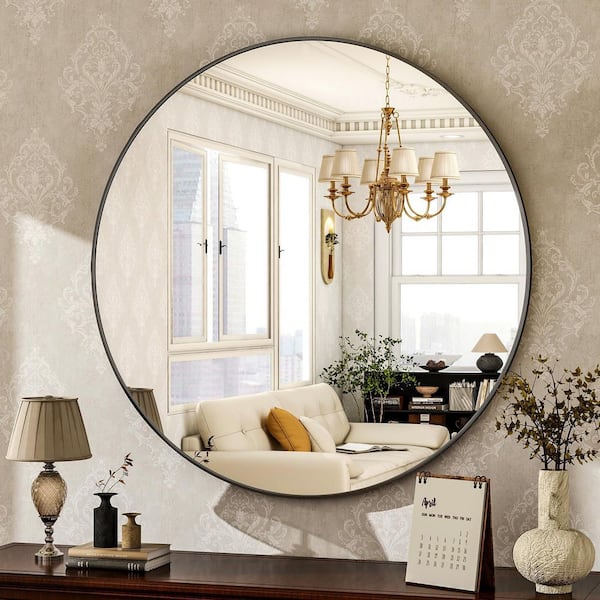 24 in. W x 24 in. H Round Black Vanity Mirror with Brushed Aluminum Alloy Frame Modern Decoration Wall Mirror