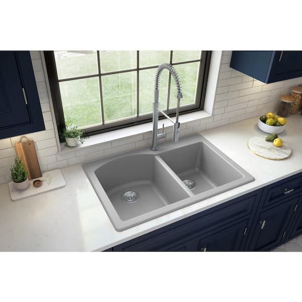 Karran Drop-In Quartz Composite 33 in. 1-Hole 60/40 Double Bowl Kitchen Sink in Grey