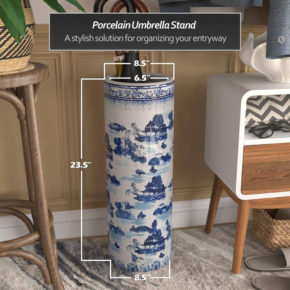 Blue and White Porcelain Cylindrical Umbrella Stand