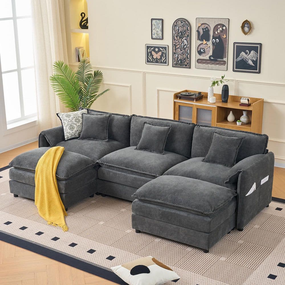 Maverick Modern 109.45 in. Pillow Top Arms 5-piece Chenille Modular Sectional Sofa in. Grey with 2 Ottomans