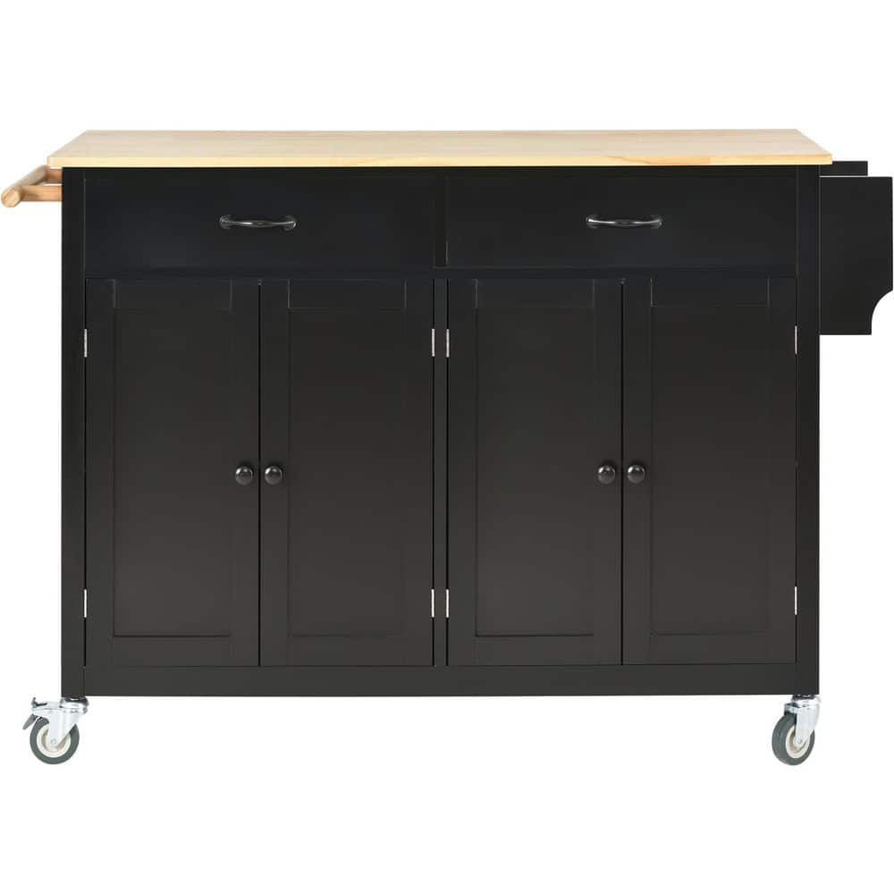 Black Wood 54.3 in. Kitchen Island Cart with Solid Wood Top and Locking ...