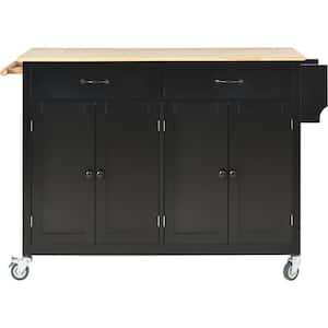 Black Wood 54.3 in. Kitchen Island Cart with Solid Wood Top and Locking Wheels for Kitchen Dining Room Bathroom