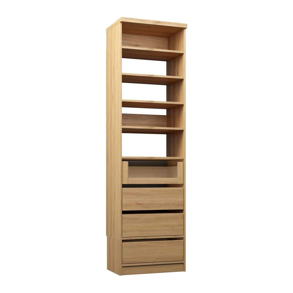 19.5 in. W Natural Oak Floor Mount Tower Unit with 4 Shelves and 4 Reveal Drawers Wood Closet System