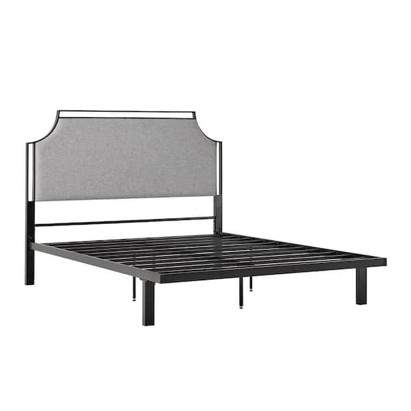 Transitional Gray Metal Frame Queen Platform Bed with Upholstered Headboard
