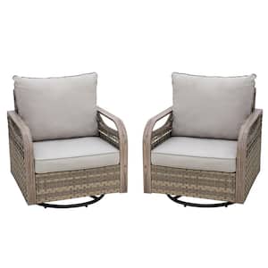 Brown Wicker Outdoor Rocking Chair Patio Swivel Chair with Gray Cushions 2 Pack