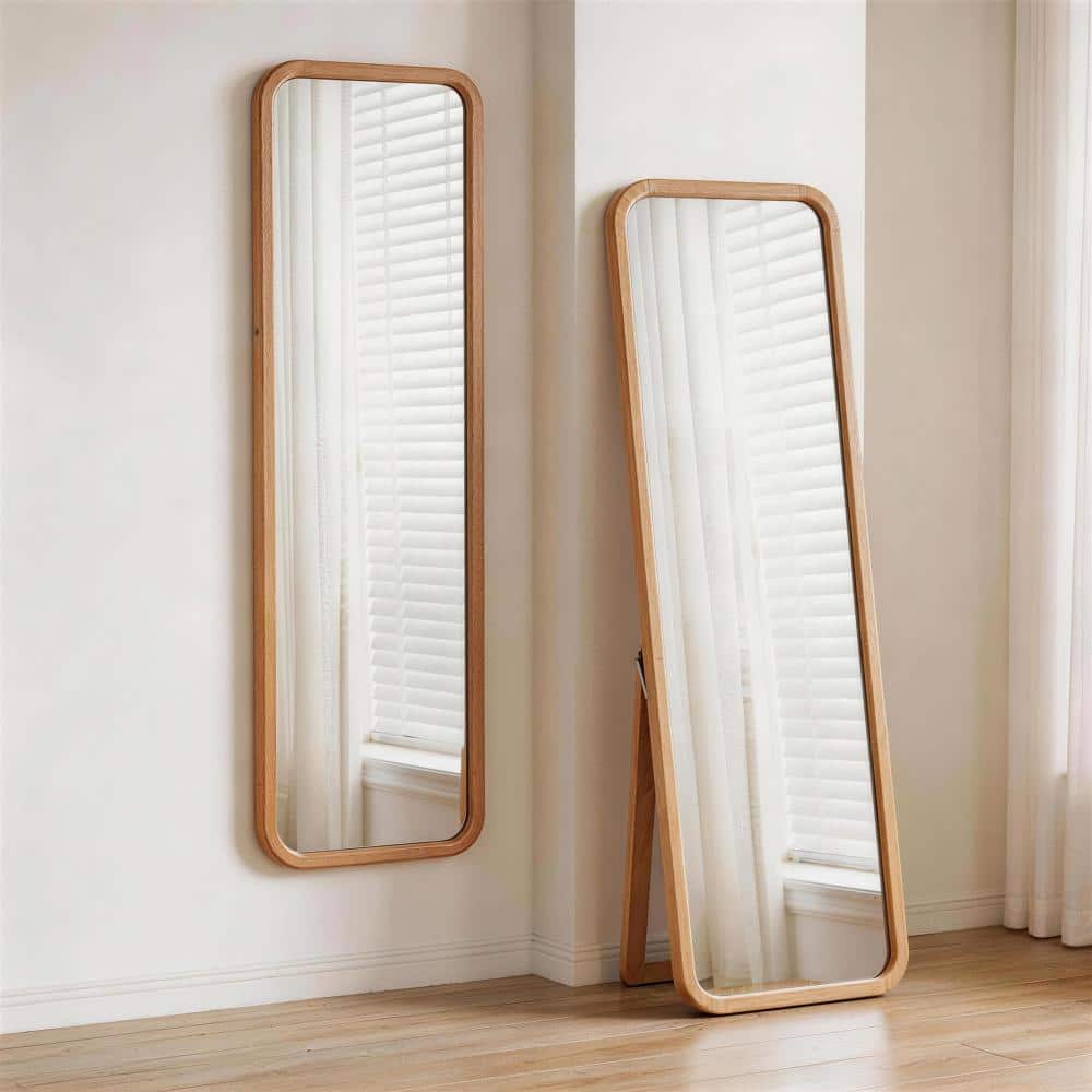 Avex Natural 18 in. W x 63 in. H Rectangle Solid Wood 2-in-1 Full Length Mirror Freestanding Floor Mirror with Stand