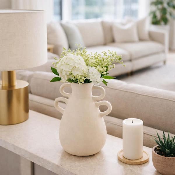 Liv & Skye 12 in. Ivory Ceramic Amphora Four Handles Decorative