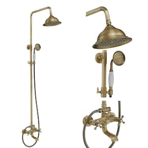 3-Spray Wall Bar Shower Kit Round Rain Shower Head with Tub Spout Hand Shower Brass Pipe 2 Cross Knobs in Antique