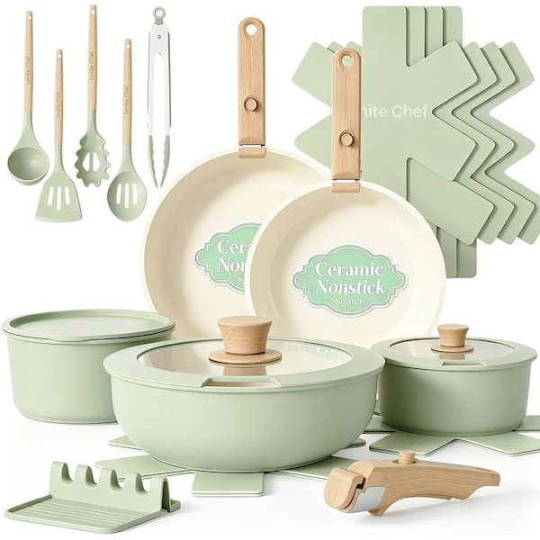 21-Piece Nonstick Aluminum Cookware Set with Lids in Green, Detachable Handle, NonToxic Induction RV Kitchen Cooking Set