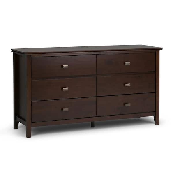 Simpli Home Artisan 6-Drawer Solid Wood 60 in. Wide Contemporary Bedroom Dresser and Media Cabinet in Medium Auburn Brown