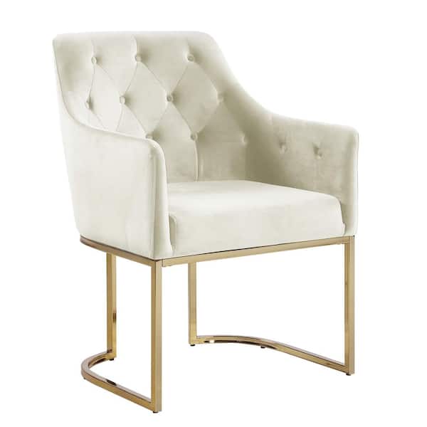 Morden Fort Glam Tufted Beige Accent Chair with Velvet Cushions and Openwork U-Shaped Base